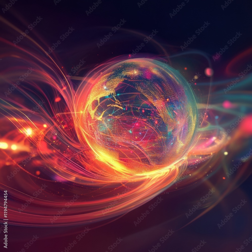 Poster Glowing digital globe with flowing lines and points creating a mesmerizing visual effect in a cosmic space. Generative AI