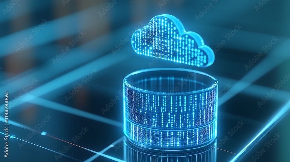 Poster 3d illustration of cloud computing with digital data transmission above a database cylinder on a fut