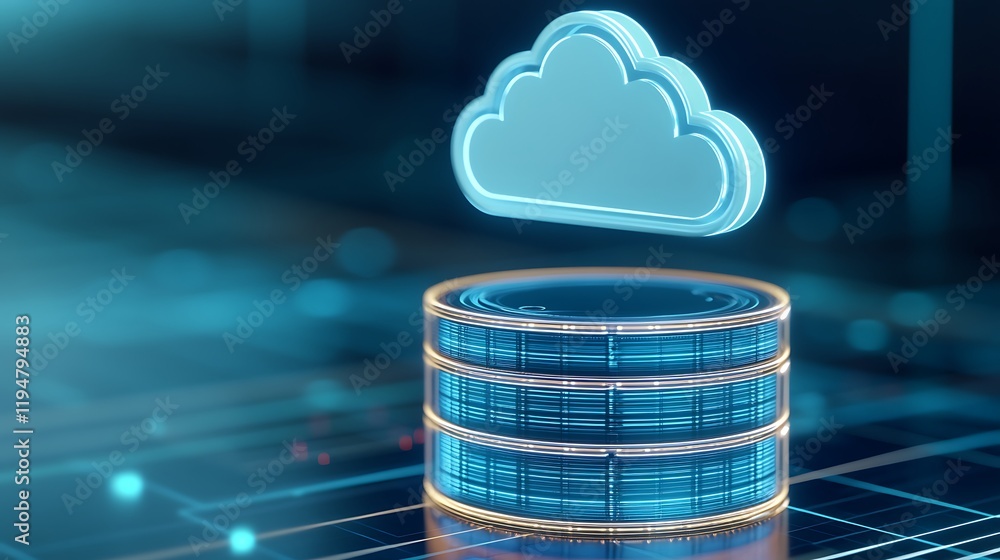 Poster 3d illustration of cloud storage concept represented with digital data server and cloud icon on tech