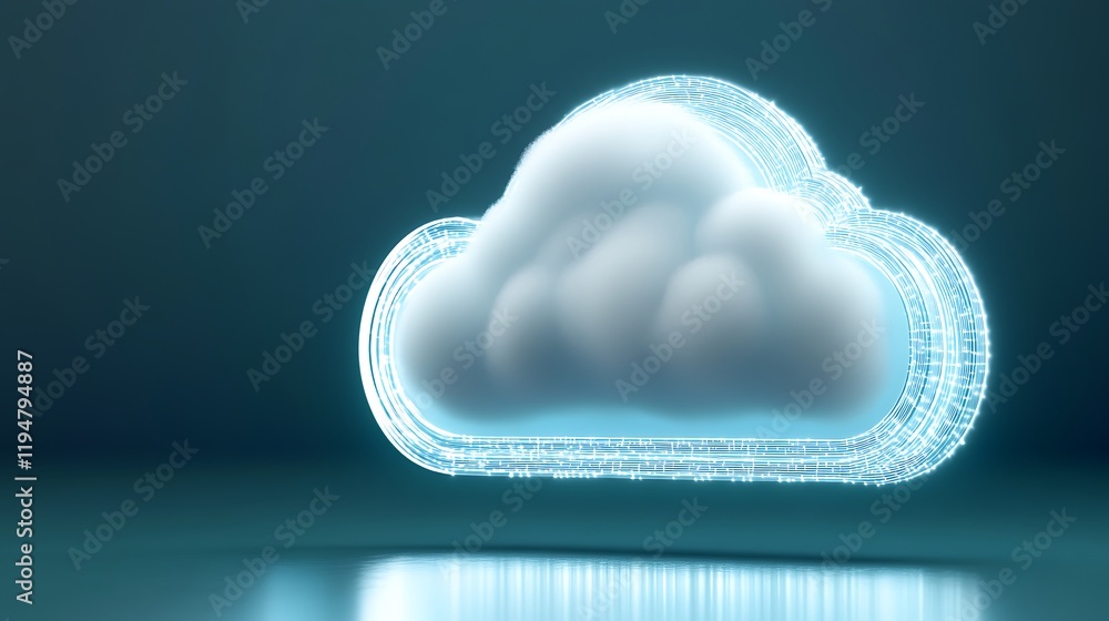 Poster 3d render of a digital cloud with neon outline and soft white texture on abstract background