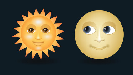 Sun with smiling face and full moon face vector emoji illustration isolated on dark background