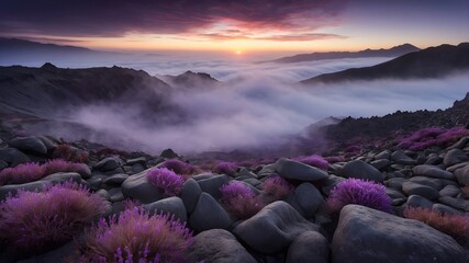 Obraz premium Rocky Purple Background: Mountain Terrain with Purple Flora and a Cloud Inversion