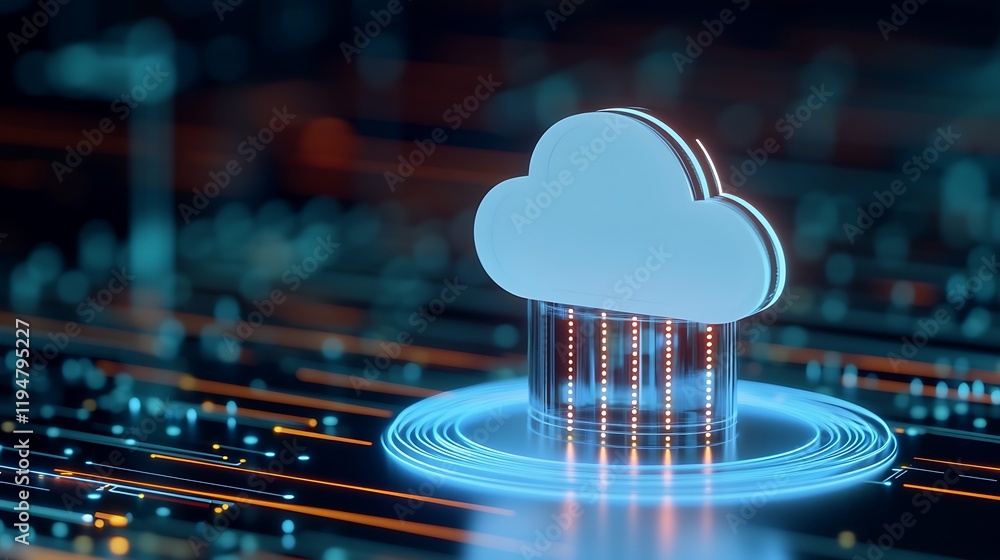 Poster abstract 3d cloud computing icon surrounded by digital circuit lines and light effects on blue backg