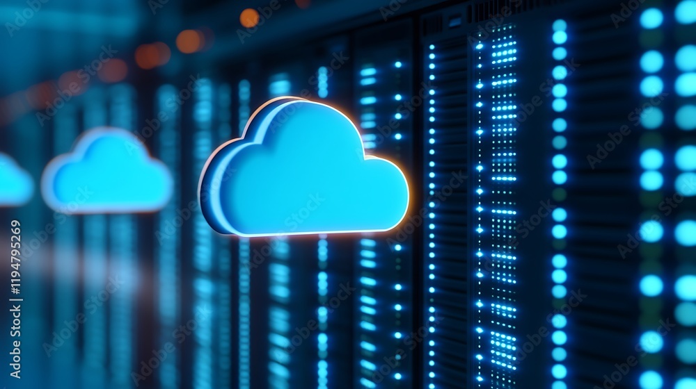 Poster abstract cloud computing concept with blue lights and server racks in a digital data center environm