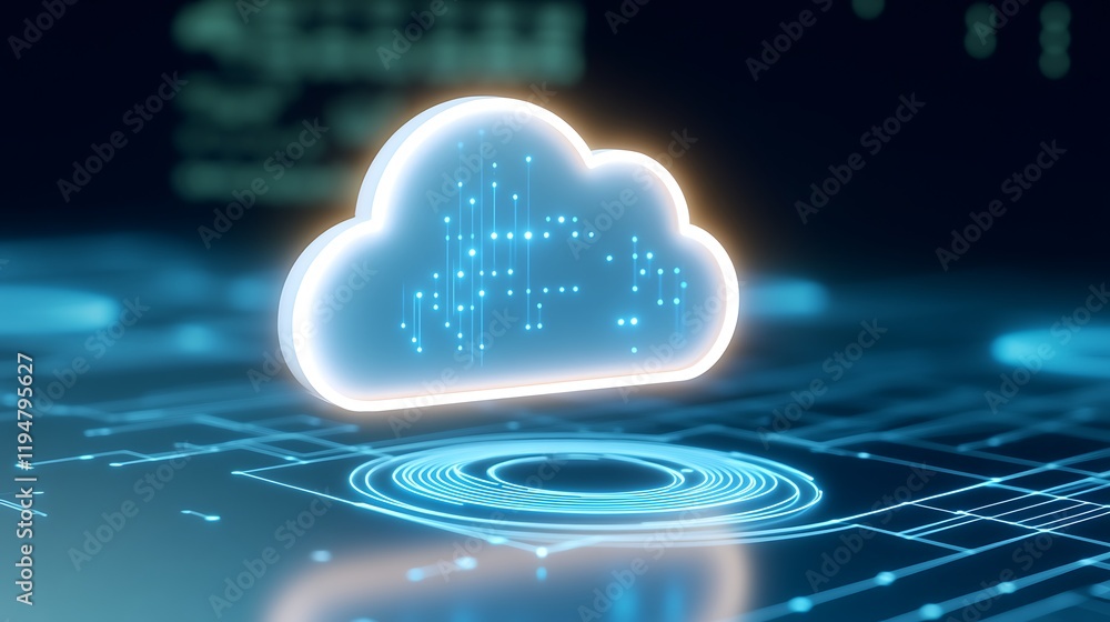 Poster abstract cloud technology concept with digital circuitry elements and blue glow on dark background