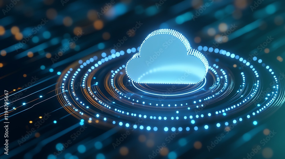 Poster abstract cloud technology with digital circles and glowing lights for data storage and connectivity 
