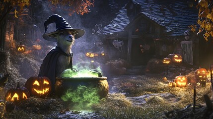 A whimsical goat in a witch hat and cape, perched near a cauldron bubbling with green mist in a haunted barnyard filled with scattered hay, jack-o’-lanterns, and a ghostly atmosphere 