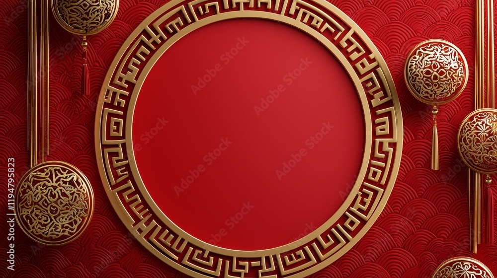Poster elegant red background with circular frame and decorative elements