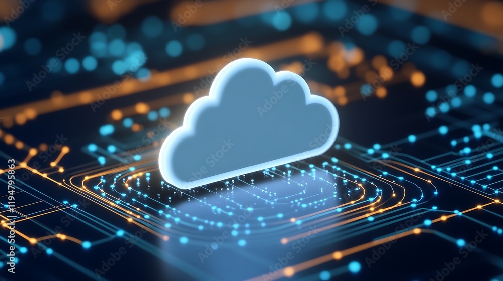 Poster abstract digital cloud icon on networking background with bright neon circuits and data connections