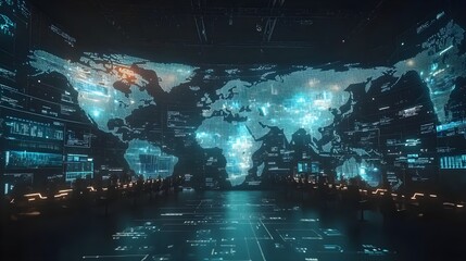 A wide shot of a control room with multiple screens displaying global communication coverage maps, showcasing the vast network infrastructure and strong signal coverage in different regions 