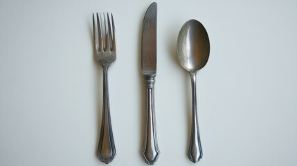 Silverware Set Including Fork, Knife, and Spoon on White Background