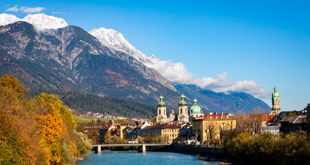 Fototapeta premium Panoramic view of sunshine day scene at Innsbruck cityscape, colorful historic buildings in Innsbruck, Austria