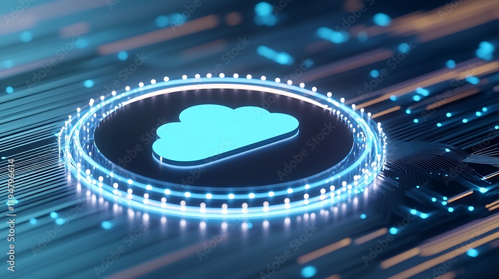 Poster abstract futuristic digital tech background featuring glowing cloud symbol and dynamic data lines in