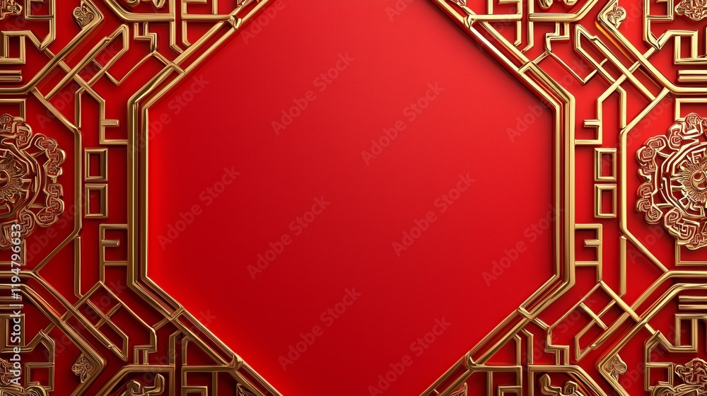 Poster elegant red background with gold decorative frame and patterns