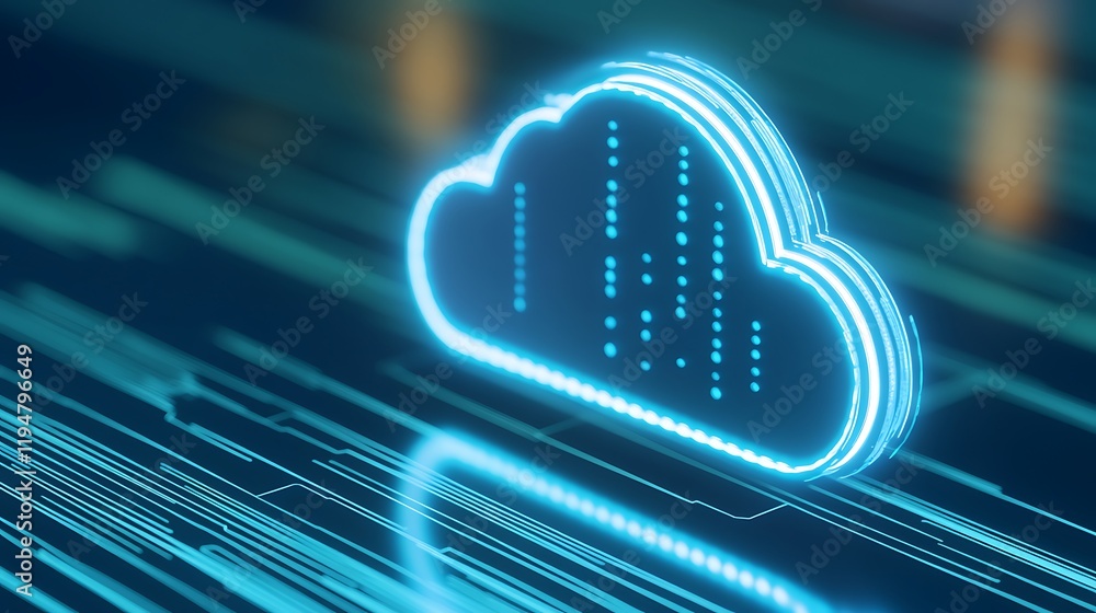 Poster abstract neon cloud icon with data streams and bright light effect in a digital environment