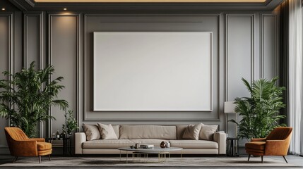 Elegant modern living room with neutral tones and green plants