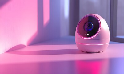 Smart home security camera in pink ambient light.