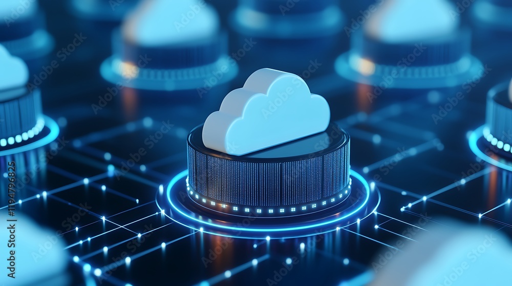 Poster abstract representation of cloud computing technology with glowing elements and modern data processi