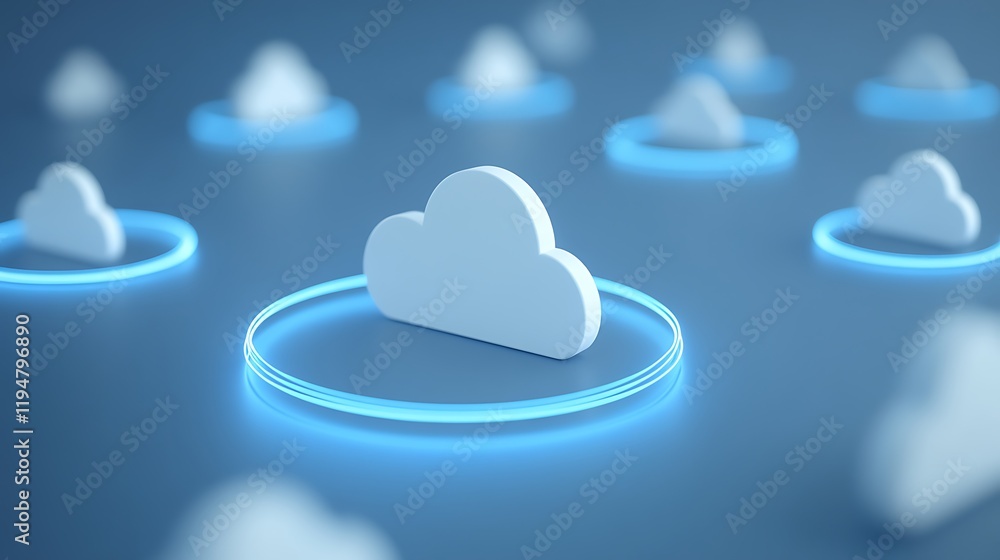 Poster abstract representation of cloud computing with blue neon circles and white cloud icons on a soft ba