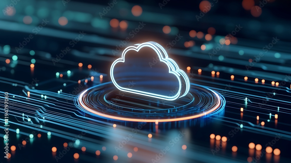 Poster abstract technology background with cloud icon and digital circuitry design in blue and orange color