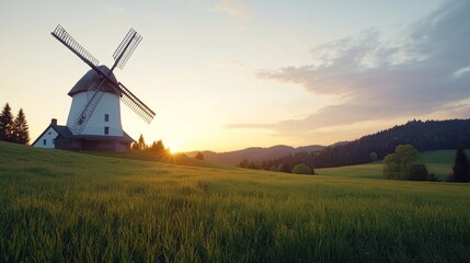 Fototapeta premium Sunset over Rural Windmill Landscape