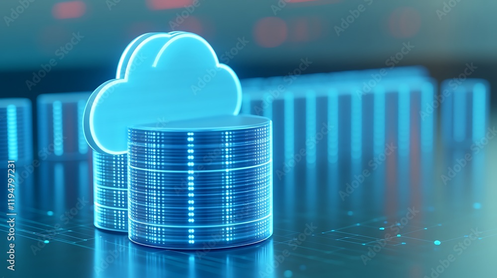Poster advanced digital cloud storage technology represented by 3d rendered cloud and database icons in blu