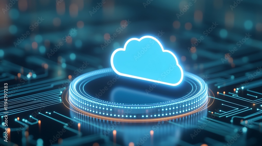 Poster blue cloud icon over circuit board background representing digital technology and cloud computing co