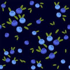Seamless pattern of blueberries with green leaves. Ripe fresh raw berries. Sweet vitamin healthy nutrition. Simple cartoon style, flat vector illustration on dark background
