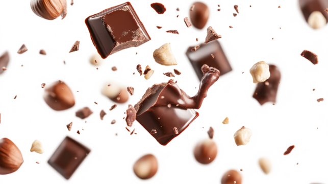 Pieces of tasty hazelnuts and delicious melted chocolate flying isolated on a white background