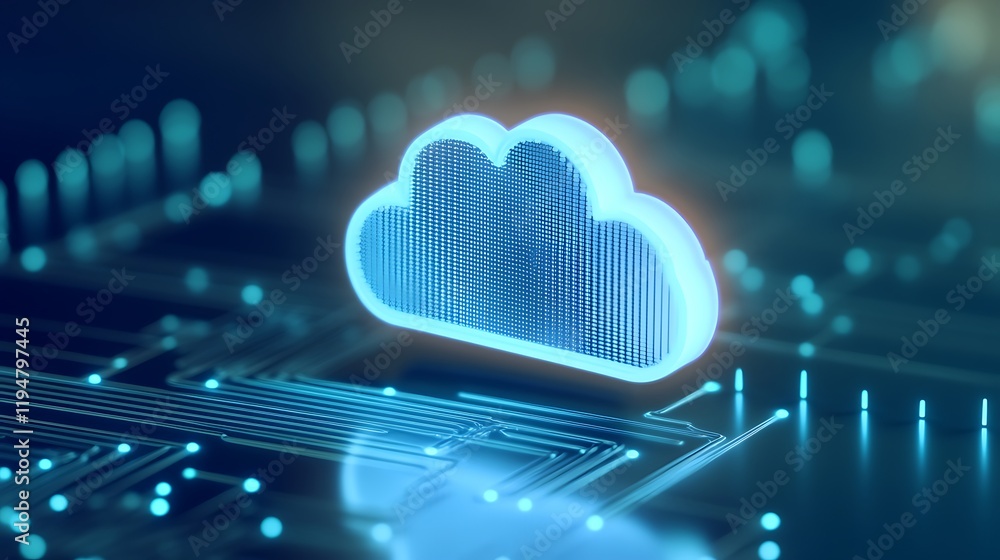 Poster blue cloud icon with digital circuit background representing cloud computing and data storage techno