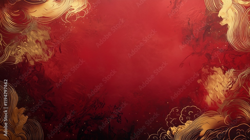 Poster vibrant red background with golden swirls and abstract patterns