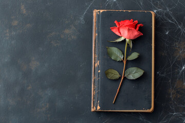 A red rose placed on a vintage book against a textured dark background.