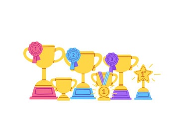 Row of trophies, medals, and ribbons in gold, silver, and blue. Perfect for awards, sports events, or achievement-themed designs. Vector illustration