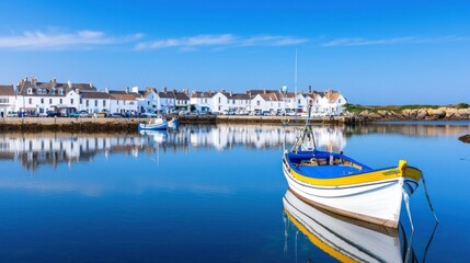 Fototapeta premium Serene harbor scene with a colorful boat and reflections.
