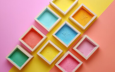 Brightly colored Holi powders arranged in geometric shapes on a pastel pink and yellow background for a festive look