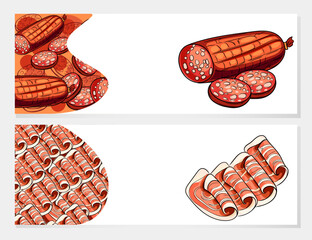 Assorted meat and sausages, including salami and bacon, arranged in rows and a circular frame. Ideal for deli advertising or food-related designs. Vector illustration.