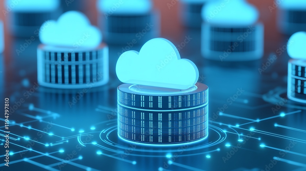 Poster blue cloud storage concept with data servers representing modern digital infrastructure and technolo