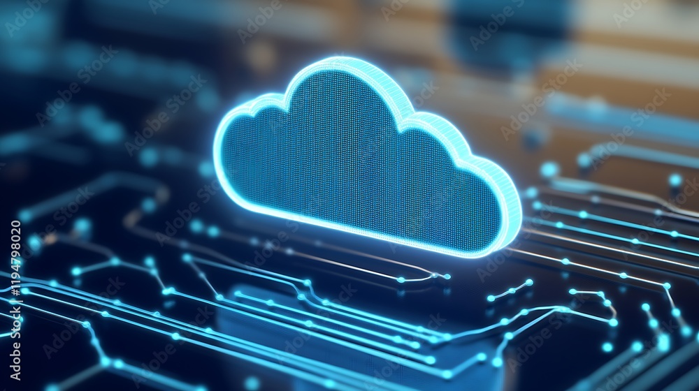 Aufkleber blue neon cloud icon on circuit board background representing digital technology and cloud computing