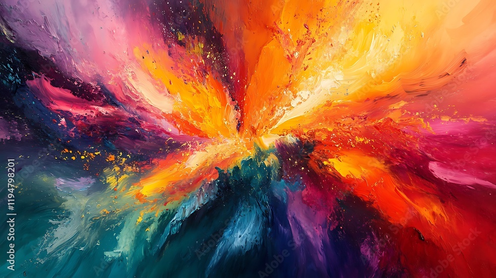 Poster vibrant abstract painting showcasing an explosion of colors. the dynamic interplay of hues and textu