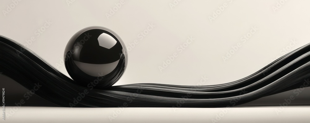 Poster abstract sphere, black waves, minimalistic design, d rendering of a smooth sphere on flowing surface