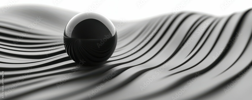 Poster abstract sphere, black waves, minimalistic design, d rendering of a smooth sphere on flowing surface