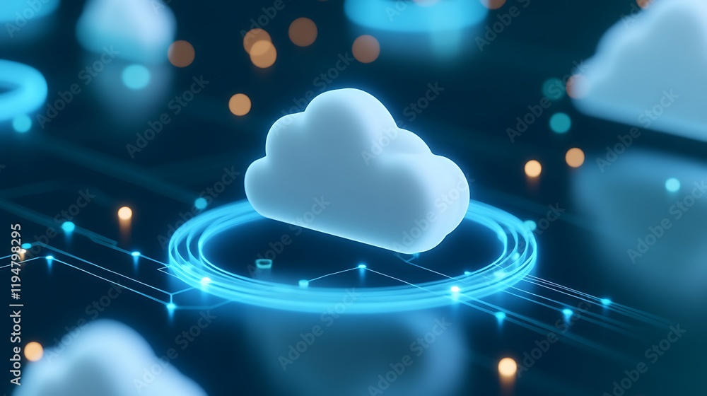 Poster bright and modern 3d cloud icon with connection lines and glowing particles for digital technology c