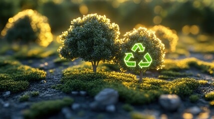 Lush Green Trees with Bright Recycling Symbol in Sunlit Landscape