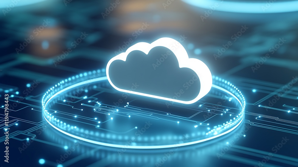 Poster bright cloud icon surrounded by digital circuit patterns on a blue background for technology concept
