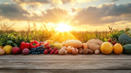 Fresh Organic Fruits and Vegetables on Wooden Table at Sunrise
