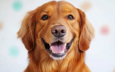 Fototapeta premium Close-up portrait of a cheerful dog with a wide smile and a bright white backdrop