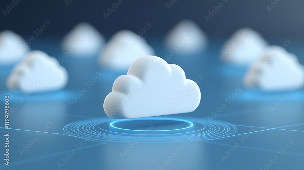 Poster bright white cloud on blue background surrounded by stylized data circles and additional clouds in b