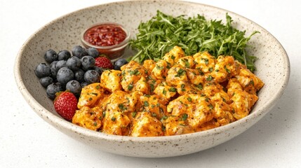 Delicious Healthy Bowl with Chicken, Greens, Berries and Sauce