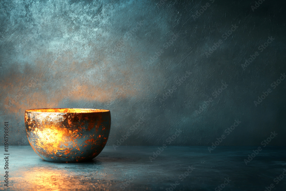 Poster a serene and atmospheric image of a glowing bowl against a textured backdrop.