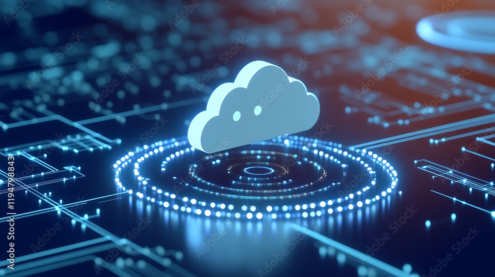Poster cloud computing concept with 3d cloud icon over digital background of technology circuits and circle